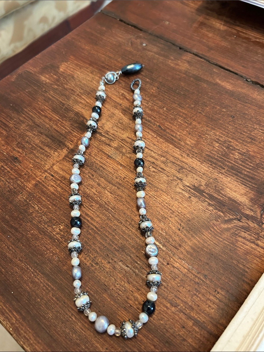 Classic Pearl and Black Bead Necklace with Silver Accents